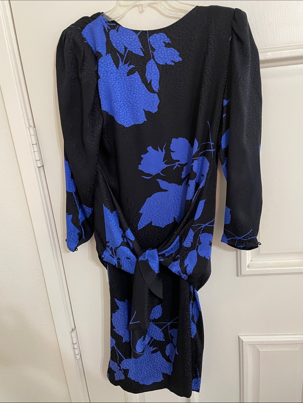 Lillie Rubin Vintage Black & Royal Blue Floral Tie-Belt Midi Dress Sz 6